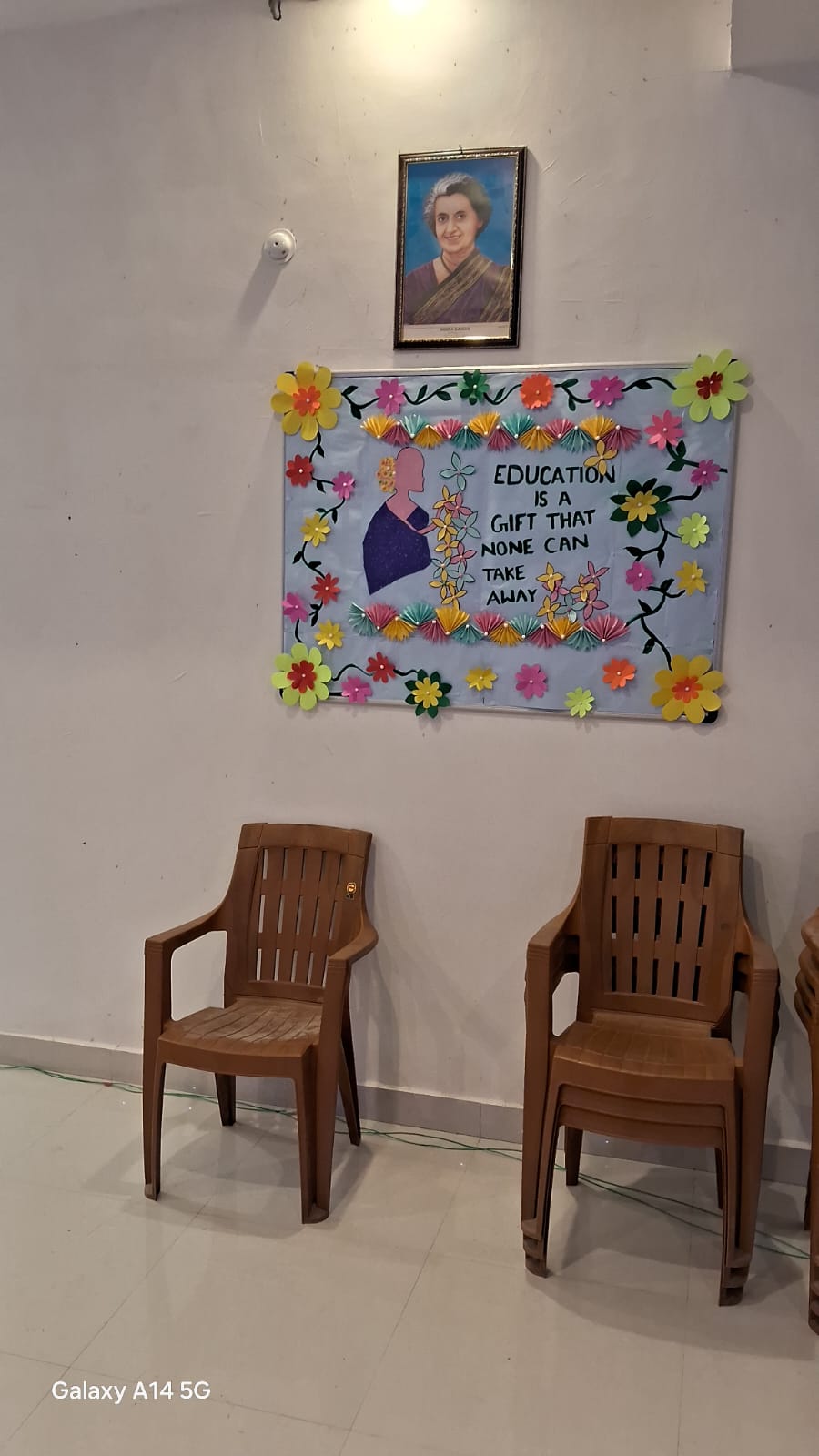 A tribute wall to Indira Gandhi in the corridor